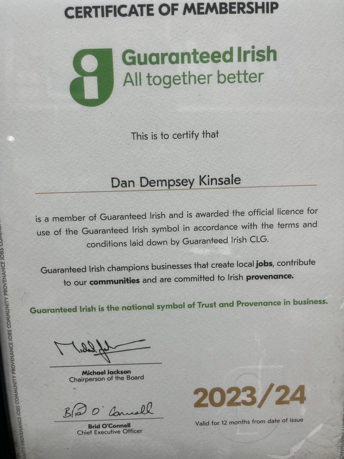 Guaranteed Irish membership certificate for Dan Dempsey Kinsale