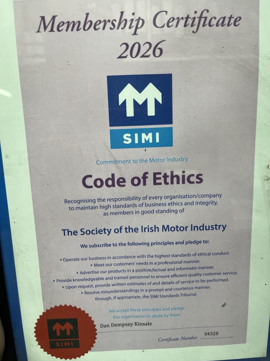 SIMI Membership Certificate 2026 for Dan Dempsey Kinsale